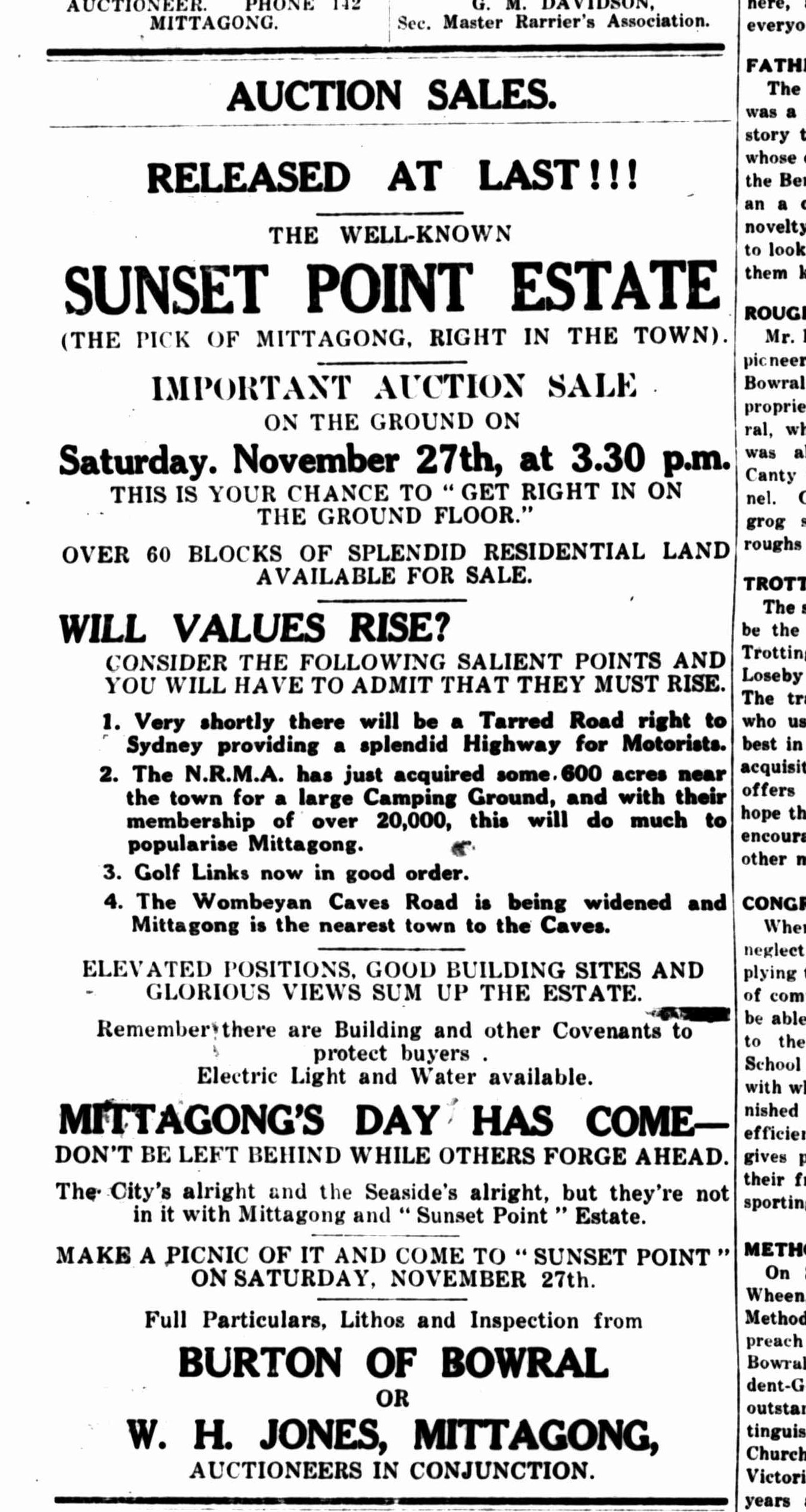 1926 Sunset Point Estate auction advertisement