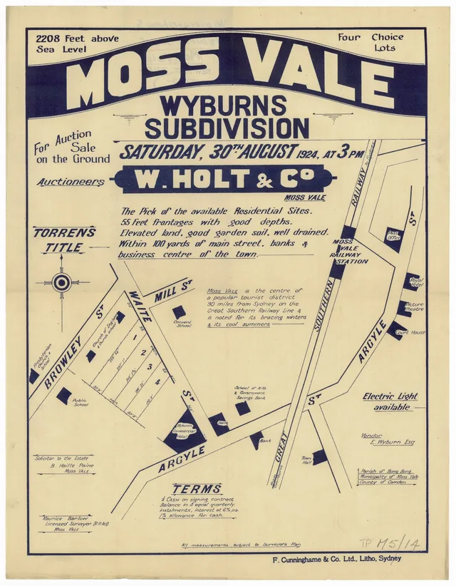 The poster advertises four residential lots in Waite Street for auction on 30 August 1924. Its sketch marks schools, churches, the Commercial Hotel, railway station, banks and courthouse, and advertises electric light and instalment terms. It records an offering rather than completed sales.