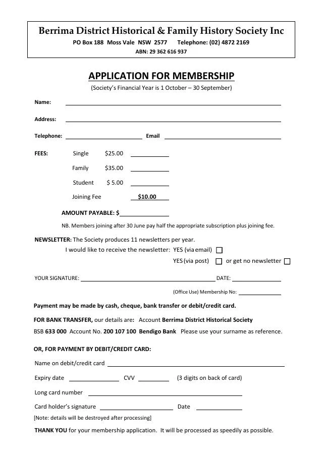 First page of Membership application - 2025-26