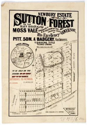 The plan shows allotments at Mount Loftus between Old Argyle Road and the neighbouring Browley holding. It advertises a sale on Saturday 7 October and draws attention to the Governor’s country seat; the Library assigns [1882] to a corresponding Newbury plan, while this poster does not print a year. The boundaries show the offering rather than later ownership.