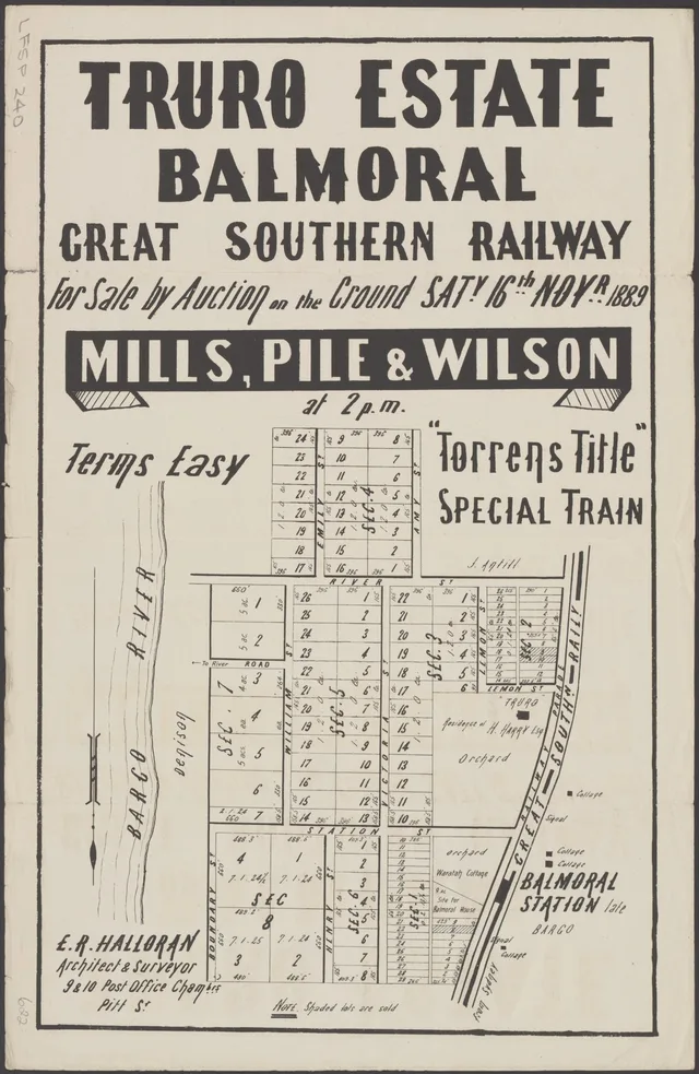 The poster advertises an auction on 16 November 1889 and shows numbered lots beside the Great Southern Railway and Balmoral station, with the Truro residence and orchard. Its note says shaded lots were sold; other depicted lots were offered, not necessarily sold or built on. The heritage study connects the estate with Henry Harry.
