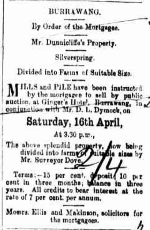 The mortgagee’s notice advertised Dunnicliff’s Silverspring property in farm blocks for auction at Burrawang on 16 April 1887, the same date listed for the State Library’s sale plan. The original newspaper scan bears handwritten marks.