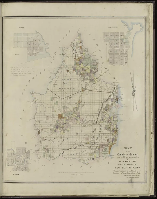 County map showing parishes, grants, townships, roads and villages, with a Berrima inset at lower left. The National Library item identifies it as published in 1843.