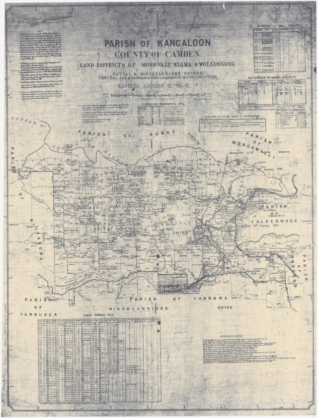 The map records Mount Murray, portions, roads, reserves and waterways across Kangaloon, with Robertson at the southern edge. Names and boundaries are historical and should be checked against land records for a particular date.