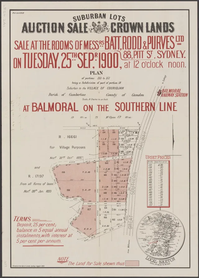 The poster offers selected portions near Balmoral station at a Sydney auction on 25 September 1900. It shows numbered blocks, upset prices and a 25 per cent deposit with five annual instalments; an advertised lot is not evidence of a completed sale.
