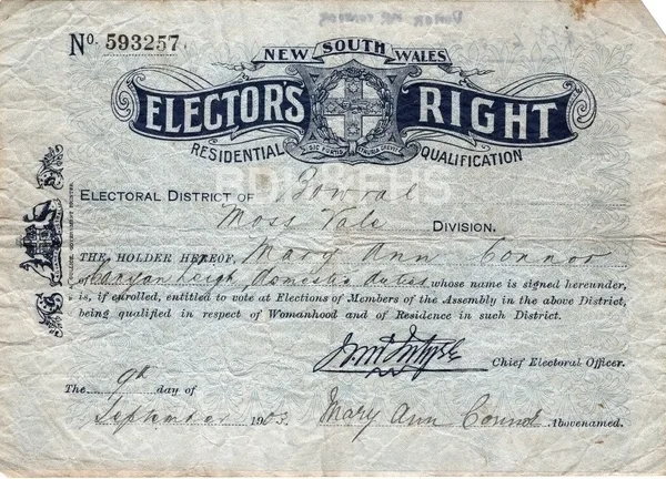 Mary Ann Connor’s 1903 elector’s right for Canyan Leigh.