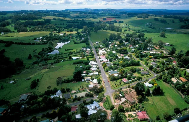 Aerial view of Burrawang village and surrounding fields.