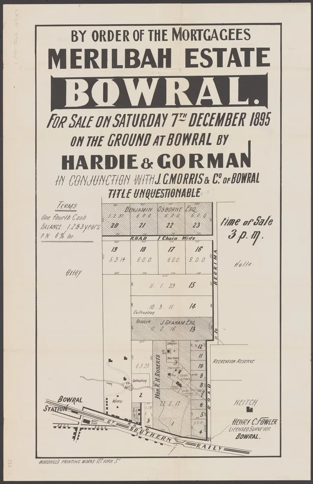 This mortgagee sale poster reuses a similar lot layout, showing Bowral station and neighbouring land with some areas hatched and labelled. It advertises an on-site auction on 7 December 1895. Compare the two posters and original title records to trace individual parcels.
