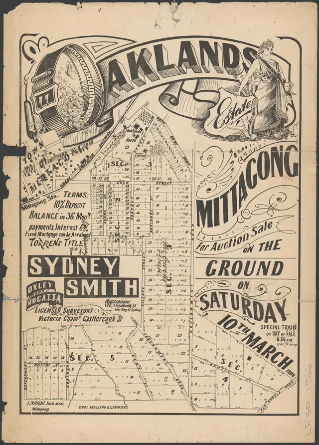 The poster advertises a 10 March 1888 auction and a special train. It shows Oaklands House, numbered allotments, streets, railway and the ten per cent deposit and instalment terms. The plan records land offered and does not prove individual sales or construction.