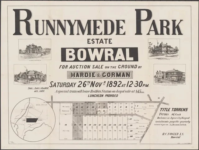 The 26 November 1892 poster shows numbered lots near Burradoo Road and Sunninghill Avenue, sketches of neighbouring buildings and auction terms. Its legend marks shaded lots as sold, an advertiser’s indication to compare with title records.