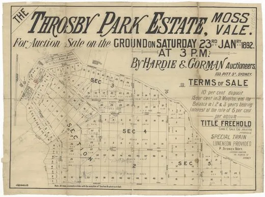 The plan shows proposed sections, country blocks and the town near the railway, and gives the advertised deposit and instalment terms. The sale plan describes what was offered; individual sales require separate evidence.