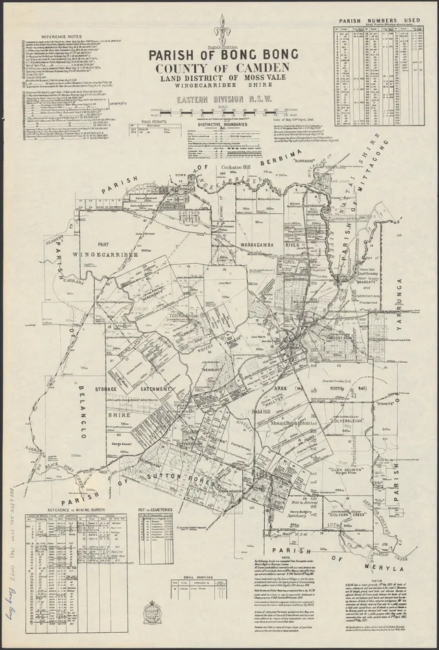 The inspected eighth edition, dated 23 April 1942, shows Moss Vale, Sutton Forest, Berrima, the railway, roads and named land grants. Compare it with the earlier Bong Bong sheet; check annotations and edition dates before treating every mark as contemporary.