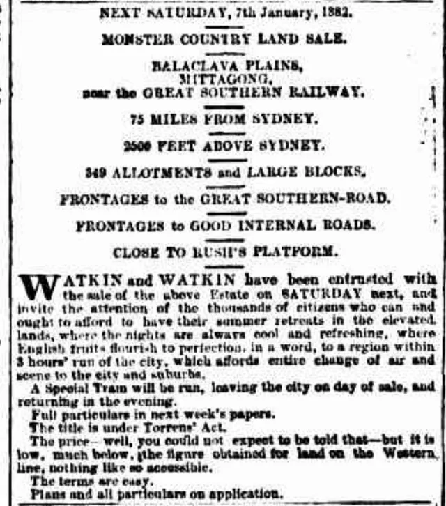 A cropped newspaper advertisement for the 7 January auction, promoting allotments near Rush’s Platform and a special train for potential buyers. The adjacent State Library catalogue lists the associated subdivision plan; this image is an advertisement rather than the map.