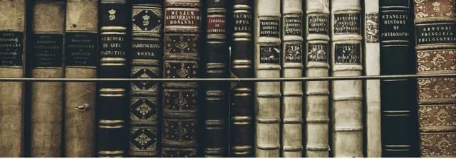 Historic books on shelves.