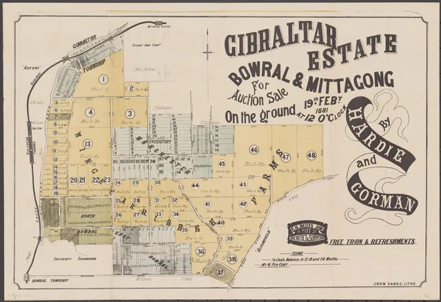 The 19 February 1881 auction poster shows numbered blocks between Bowral and Mittagong, the railway, the Fitzroy Iron Company and neighbouring subdivisions. It offers a special train and refreshments. The plan records land offered and does not prove individual sales or construction.