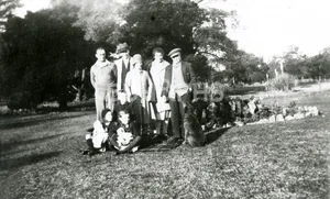The Simons family at Strathdon farm orchard, Yerrinbool, around 1928.
