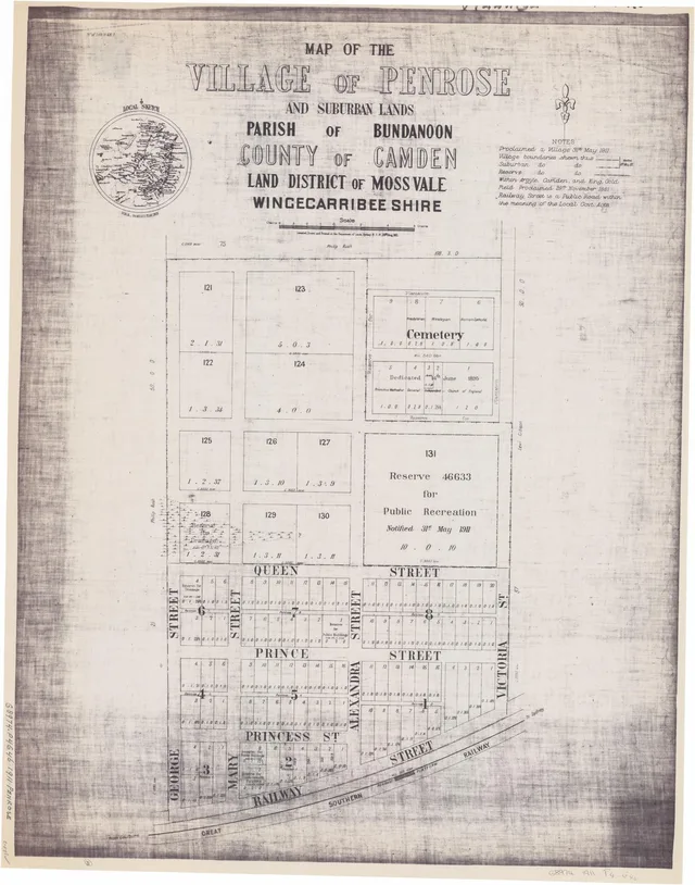 This 1911 village plan shows numbered allotments and portions, Railway Street and the station, the cemetery and its denominational sections, and a public recreation reserve. It records the surveyed layout and reservations shown at that date; it does not establish which allotments were sold or occupied.