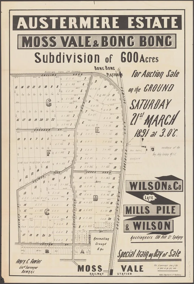 The inspected 21 March 1891 auction poster shows a proposed subdivision of 600 acres beside Bong Bong platform, the railway and Berrima Coal Company tramway. It names roads and numbered lots and advertises a special train. An offering does not establish completed sales.