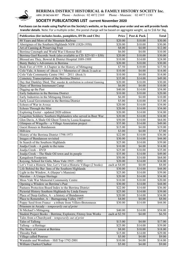 First page of Society publications list - November 2020