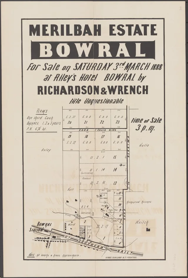 The auction poster shows 23 numbered lots beside Bowral station, the Great Southern Railway and the road to Berrima, with the homestead, garden and orchard marked. It advertises sale at Riley’s Hotel on 3 March 1888 and prints purchase terms. Proposed lots are not proof of completed sales.