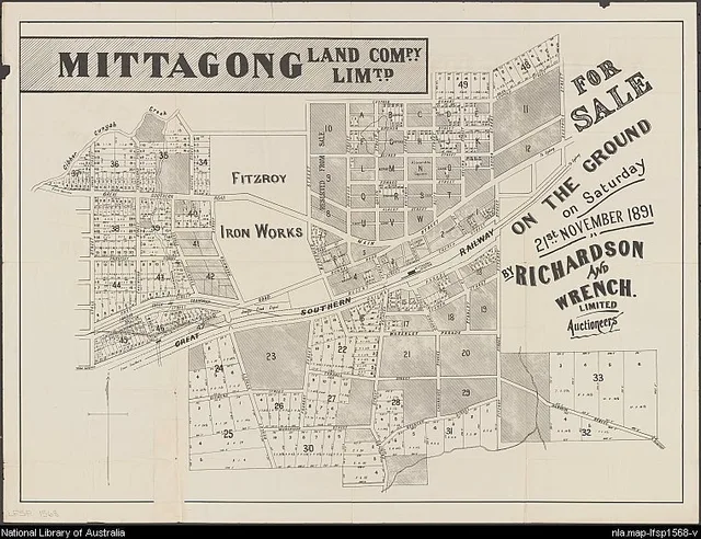 An auction leaflet showing proposed lots, the Great Southern Railway and the Fitzroy Iron Works. Sales plans describe what was offered; they do not prove that every lot was sold or built on. This display copy is 760 × 584 pixels; consult the library catalogue for a more detailed source.