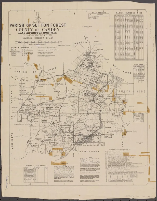 This 1942 parish map places Sutton Forest, Exeter and Bundanoon within a landscape of numbered portions, roads, railway and reserves. Printed names and annotations are historical and should be checked against title records for ownership at a particular date.