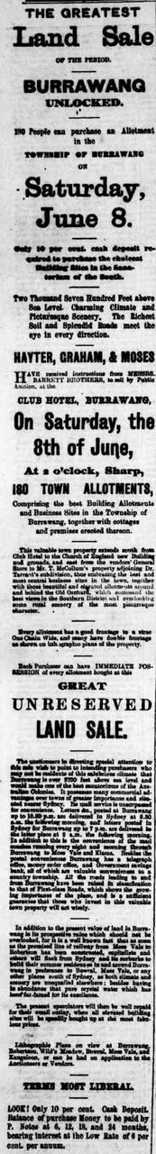The auction notice advertises 180 town allotments and describes the land using local landmarks. It also refers prospective buyers to lithographic plans. The image is a crop of the digitised newspaper page, not the subdivision plan itself.