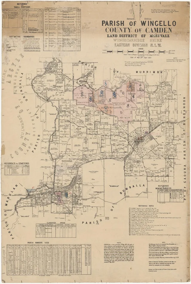 The parish map places Wingello and Tallong within numbered portions, railway lines, roads and reserves. It is dated 28 September 1925; handwritten markings and historical names require checking against the underlying land records.