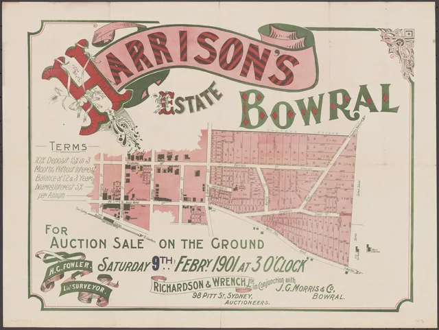 The poster advertises an auction on 9 February 1901. Numbered blocks and proposed streets appear alongside Bowral station, existing buildings and the roads towards Moss Vale and Kangaloon. Its payment terms describe the offer; the plan alone does not establish completed sales or later construction.