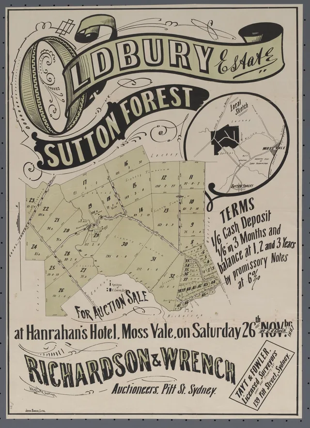 The poster advertises numbered Oldbury Estate lots for auction at Hanrahan’s Hotel, Moss Vale, on 26 November 1887. It shows roads, neighbouring land, a locality sketch and payment terms. The advertised offering does not establish that each lot sold or was built upon.