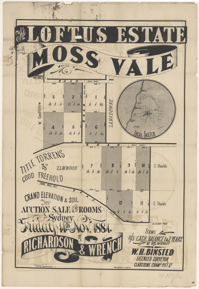 The inspected poster shows twelve numbered blocks, neighbouring properties, a road towards Fitzroy Falls and a locality sketch. It advertises an auction in Sydney on 14 November 1884 with part payment deferred; the offering does not establish completed sales.