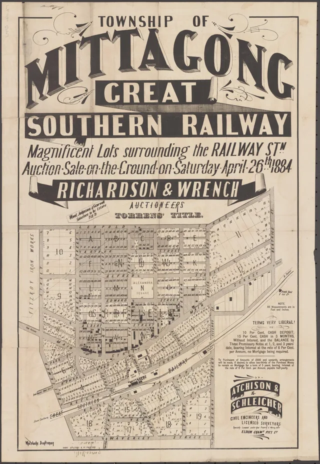 This auction poster advertises lots around Mittagong station for 26 April 1884. It maps the railway, Fitzroy Iron Works, Alexandra Square, named streets and numbered blocks, and sets out the proposed purchase terms. It records the land offered and the layout advertised, not proof of completed sales or construction.