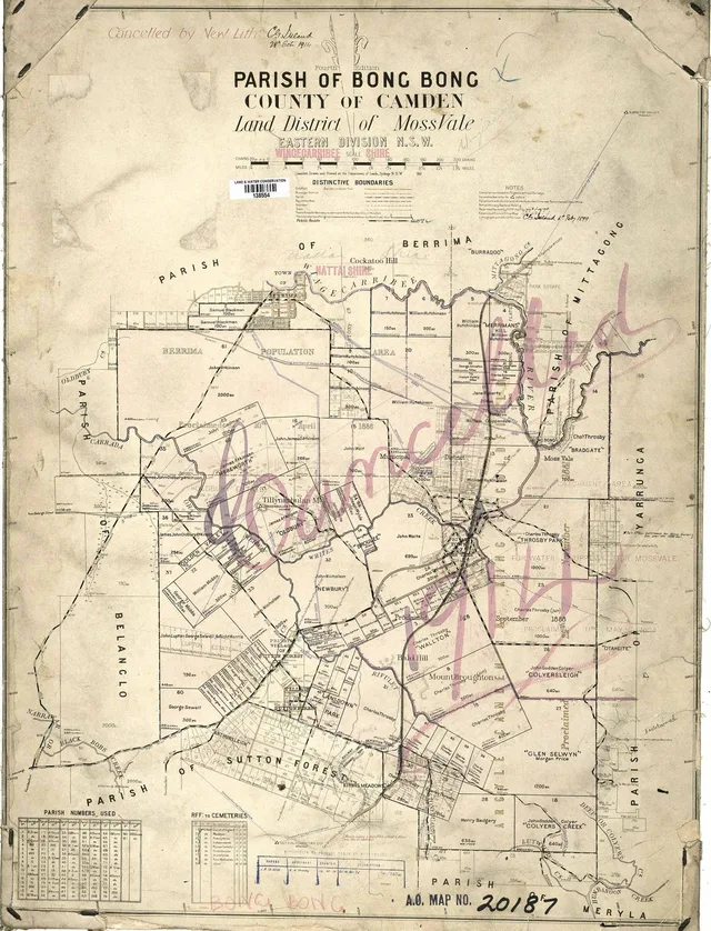 A parish map that includes Moss Vale. The Commons record dates it to the 1890s and notes that it was cancelled in 1914; these are different dates in the map's history.