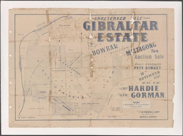 A later Gibraltar Estate sale was advertised for 16 November 1881. The plan marks shaded lots as sold and names various purchasers; compare it with the February 1881 poster and check titles for completed transactions.