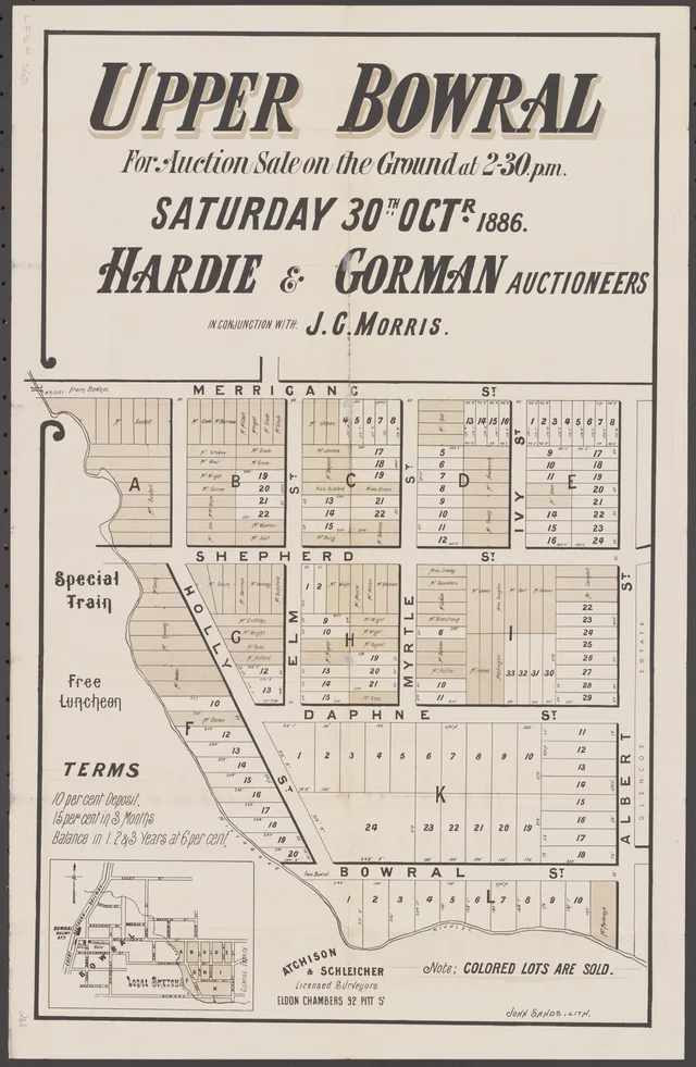 The inspected poster advertises a 30 October 1886 auction, showing numbered blocks and streets including Merrigang, Shepherd, Daphne and Bowral streets, with a special train and free luncheon. It marks coloured lots as sold; check conveyances and other records to establish individual transactions.