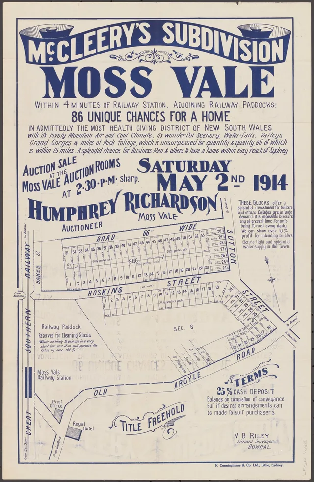 The poster advertises 86 home sites for auction on 2 May 1914. Its plan names Hoskins Street, Suttor Street, Old Argyle Road and the railway, and promotes water, electricity and proximity to the station. Its investment claims are advertising; completed sales require separate evidence.