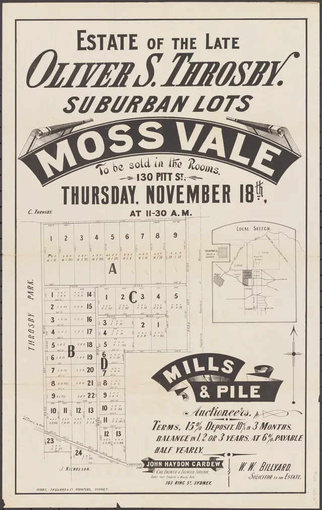 The poster shows numbered suburban lots beside Throsby Park, a locality sketch and payment terms. It gives Thursday 18 November without a year; an 1886 notice advertises a Throsby estate sale by the same auctioneers at the same place and time. The National Library’s catalogue gives an uncertain date; check the sale plan and conveyances for individual transactions.