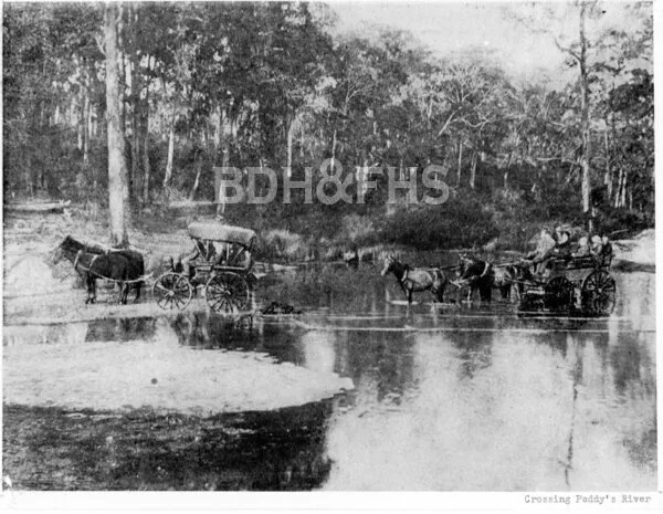 Horses and carriages crossing a ford at Paddy's River, around 1910.