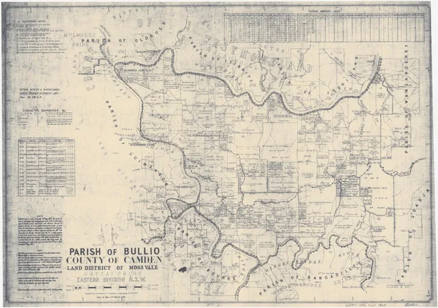 This map records Goodmans Ford, Bullio, numbered portions and the courses of the Wollondilly and Wingecarribee rivers. Names and boundaries are historical; use underlying land records to check ownership at a particular date.