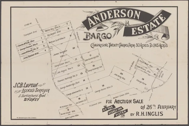 The poster offers twenty farms and maps numbered blocks, personal names, roads and directions to Picton and Mittagong. Although the poster gives 26 February without a year, a Sydney Morning Herald notice identifies an Anderson estate auction by the same auctioneer at the George Inn on 26 February 1887. The National Library catalogues the plan broadly as 1880s; original titles and survey plans can clarify individual names and sales.