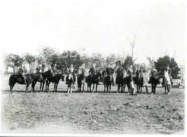 Horsemen at the Carter family’s annual kangaroo shoot at Nandi, Canyonleigh, 1896-1897.