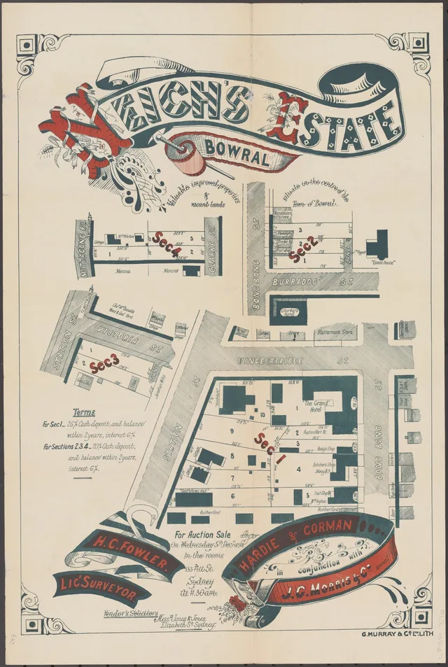 The 5 December 1894 sale poster maps improved properties and vacant lots in central Bowral, naming the Grand Hotel, shops and neighbouring streets. It sets out different deposit terms for the sections.
