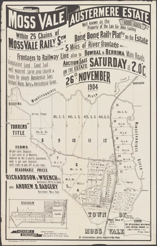 The 26 November 1904 poster promotes the late Sir John Lackey’s Austermere Estate as residential sites, orchard blocks and farms. It shows the Wingecarribee River, Bong Bong platform, railway and an inset of smaller blocks. Compare it with the 1891 offering and land records; the plan alone does not prove individual sales or construction.