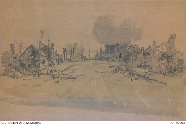 Drawing of the ruined main street of Villers-Bretonneux