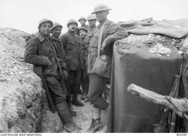 Australian and French Colonial troops together near Villers-Bretonneux in 1918