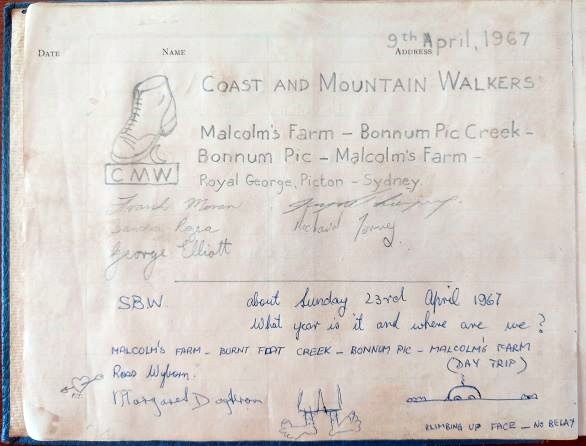 A 1967 page of the Bonnum Pic visitors’ book, with handwritten entries and drawings