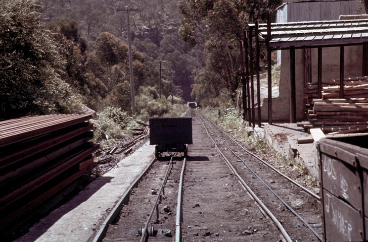 A rail skip and tracks at Berrima Colliery in 1960.