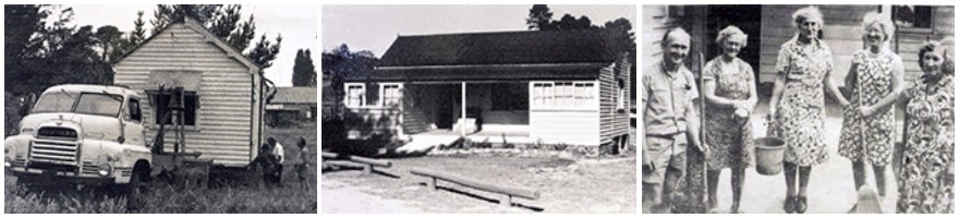 Three photographs of the museum cottage arriving, completed and being prepared for opening